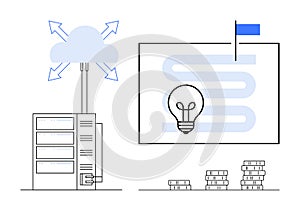 Cloud Computing and Innovation Concept with Server, Cloud Storage, Light Bulb, and Data Visualization