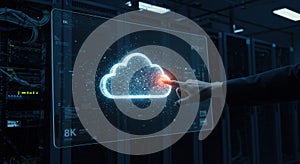 Cloud Computing Interface: Server Room Interaction with Digital Cloud Icon