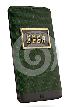 Cloud computing internet security concept smart phone with combination lock isolated on white background. 3D illustration.