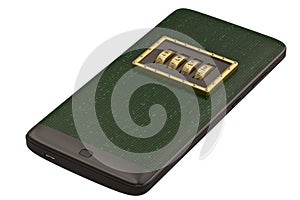 Cloud computing internet security concept smart phone with combination lock isolated on white background. 3D illustration.