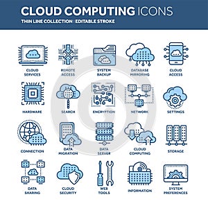 Cloud computing. Internet technology. Online services. Data, information security. Connection. Thin line blue web icon