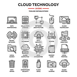 Cloud computing. Internet technology. Online services. Data, information security. Connection. Thin line blue web icon