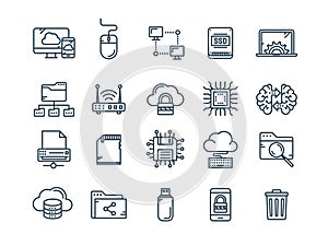 Cloud computing. Internet technology. Online services. Data, information security. Connection. Thin line blue web icon