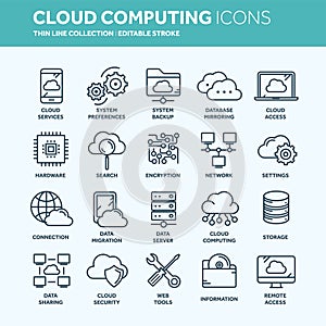 Cloud computing. Internet technology. Online services. Data, information security. Connection. Thin line blue web icon