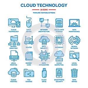 Cloud computing. Internet technology. Online services. Data, information security. Connection. Thin line blue web icon