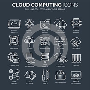 Cloud computing. Internet technology. Online services. Data, information security. Connection. Thin line white web icon