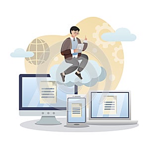 Cloud Computing. Isolated flat style colored illustration. Cloud storage, online base, marketing solution. A man is