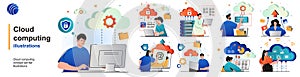 Cloud computing isolated set. Secure connection, storage and cloud technology. People collection of scenes in flat design. Vector