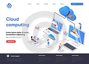 Cloud computing isometric landing page. Hosting platform, big data processing, cloud database administration isometry