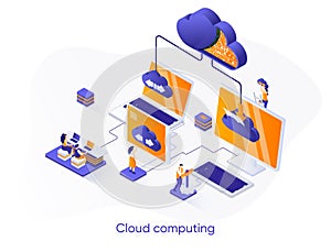 Cloud computing isometric web banner. Hosting platform isometry concept. Big data processing service 3d scene, cloud database