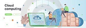 Cloud computing landing page with people characters. Hosting platform service web banner. data storage and processing
