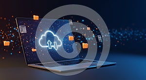 Cloud computing laptop with data transfer folders and file icons