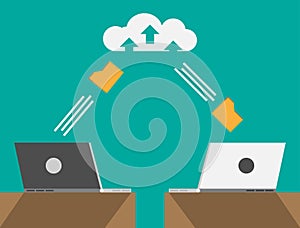 Cloud computing with laptop flat design modern vector illustration concept, Network cloud service.