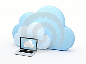 Cloud computing, laptop in front of cloud