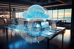 Cloud computing with laptop on table in modern office Futuristic Computing Interface on Virtual Screens