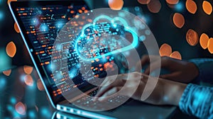 Cloud Computing with Laptop User and Binary Code Graphic