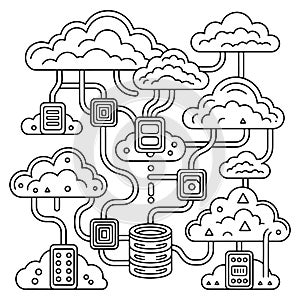 Cloud Computing Line Art Vector Abstract Network Storage and Data Connection Illustration
