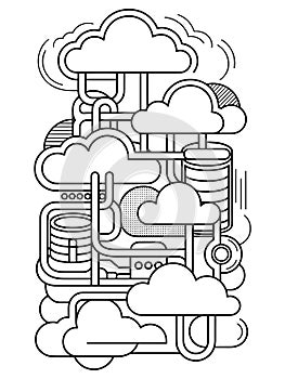 Cloud Computing Line Art Vector Abstract Network Storage and Data Connection Illustration
