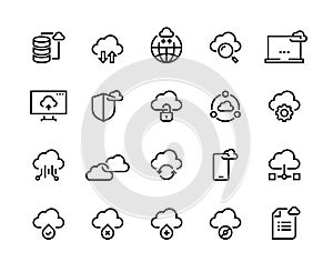 Cloud computing line icons. Data storage technology information infrastructure system data. Cloud access platform set