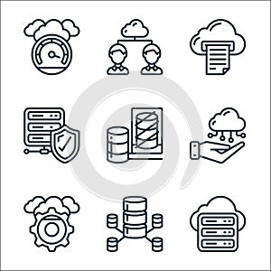 cloud computing line icons. linear set. quality vector line set such as cloud server, data network, cloud settings, computing,