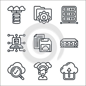 cloud computing line icons. linear set. quality vector line set such as cloud upload, technical support, search, server control,
