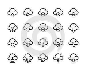Cloud computing line icons. Network data transfer download sync and upload, internet platform. Vector cloud technology photo
