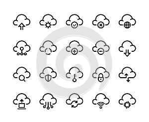Cloud computing line icons. Network data transfer download sync and upload, internet platform. Vector cloud technology