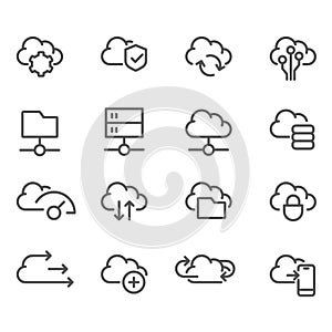 Nuvola computazionale linea icone impostato dati trasferimento nuvola magazzinaggio 