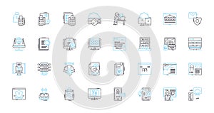 Cloud Computing linear icons set. Infrastructure, Storage, Scalability, Virtualization, Security, Reliability, Mobility
