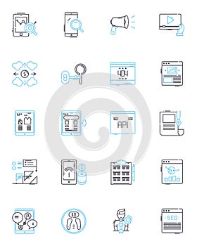 Cloud computing linear icons set. Scalability, Virtualization, Agility, Flexibility, Automation, Security, Mobility line