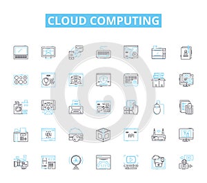 Cloud computing linear icons set. Storage, Computing, Virtualization, Scalability, Security, Nerk, Platform line vector
