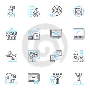 Cloud computing linear icons set. Virtualization, Accessibility, Elasticity, Scalability, Deployment, Integration, SaaS