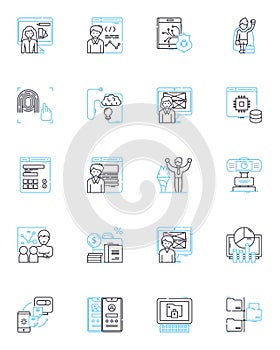 Cloud computing linear icons set. Virtualization, Accessibility, Elasticity, Scalability, Deployment, Integration, SaaS