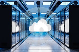 Cloud computing logo in large modern data center with multiple rows of server racks, 3D Illustration