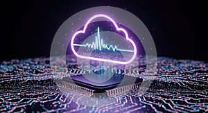 Cloud Computing Microchip: Digital Cloud Icon on Circuit Board for Tech Data