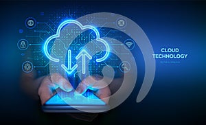 Cloud computing. Mobile cloud access. Cloud service app. Using cloud service mobile application on smartphone. Data sync. Access