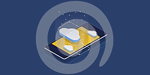 Cloud computing, mobile data, smart phone with cloud application, 3d isometric concept.