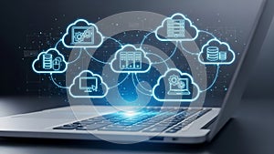 Cloud Computing Network Concept. Digital Data Storage Infrastructure with Laptop on Dark Background.