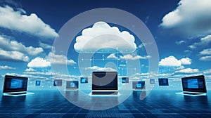 Cloud Computing Network Concept With Laptop Computers And Sky Background