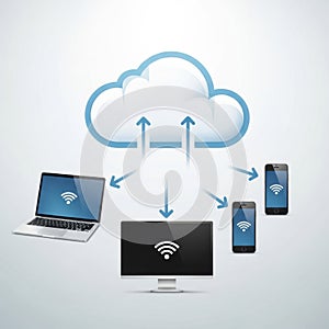 Cloud computing network connection diagram showing devices connected to the cloud
