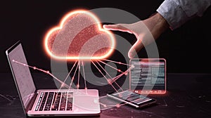 Cloud computing network, data access, digital devices, dark background, technology concept