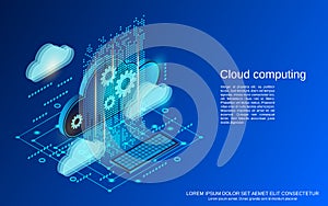 Cloud computing, network, data processing isometric vector concept