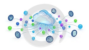 Cloud computing network with data storage and communication icons connected by lines image