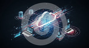 Cloud Computing Network Data Storage illustration depicting cloud computing infrastructure showcasing data storage and transfer