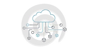 A cloud computing network diagram with connected cubes and lines on a white background