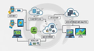 Cloud computing network diagram illustrating data flow and interconnected devices for global connectivity