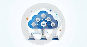 Cloud Computing Network Diagram with Servers and Icons - Data Storage, Analytics, Communication
