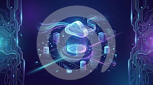 Cloud computing network with digital data servers and futuristic technology interface