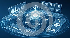 Cloud Computing Network: Digital Globe with Data Visualization and Connection Nodes in Blue Tones