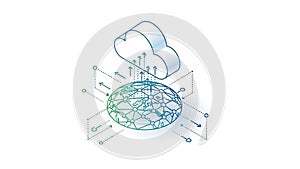 A cloud computing network with a globe and arrows illustrating data transfer and connectivity
